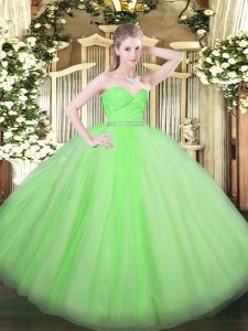 Tulle Zipper Quinceanera Dresses Sleeveless Floor Length Beading and Lace