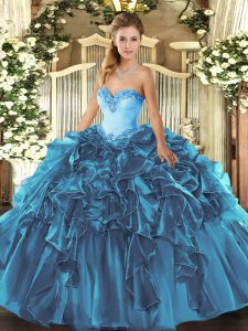 Sleeveless Organza Floor Length Lace Up Sweet 16 Quinceanera Dress in Teal with Beading and Ruffles