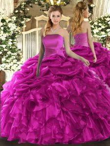 Custom Made Fuchsia Sleeveless Floor Length Ruffles and Pick Ups Lace Up 15 Quinceanera Dress