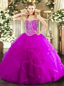 Custom Design Sweetheart Sleeveless Lace Up Quince Ball Gowns Fuchsia Tulle