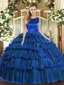 Floor Length Royal Blue Quinceanera Gowns Organza Sleeveless Ruffled Layers