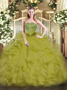 Olive Green Organza Lace Up Quinceanera Gown Sleeveless Floor Length Beading and Ruffles