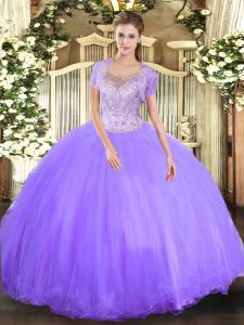 Comfortable Sleeveless Floor Length Beading Clasp Handle Quinceanera Gown with Lavender