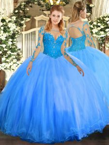 Floor Length Lace Up 15th Birthday Dress Baby Blue for Military Ball and Sweet 16 and Quinceanera with Lace