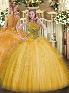 Gold Sweet 16 Quinceanera Dress Sweet 16 and Quinceanera with Beading and Ruffles Scoop Sleeveless Zipper