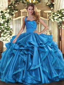 Affordable Sleeveless Floor Length Ruffles Lace Up Quinceanera Dresses with Baby Blue
