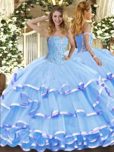 Shining Aqua Blue Sleeveless Beading and Ruffled Layers Floor Length 15 Quinceanera Dress