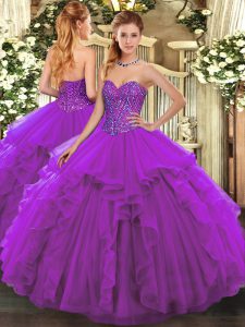 Customized Eggplant Purple Ball Gowns Sweetheart Sleeveless Tulle Floor Length Lace Up Beading and Ruffles Quinceanera Gowns