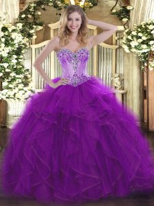 Eggplant Purple Sleeveless Floor Length Beading and Ruffles Lace Up Sweet 16 Dress