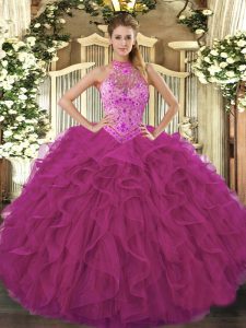 Free and Easy Fuchsia Halter Top Neckline Beading and Embroidery and Ruffles Quince Ball Gowns Sleeveless Lace Up