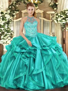 Stunning Turquoise Sleeveless Beading and Embroidery and Ruffles Floor Length 15th Birthday Dress