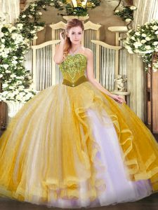 Graceful Strapless Sleeveless Lace Up Vestidos de Quinceanera Gold Tulle