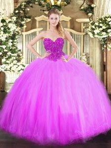 Lilac Lace Up Quinceanera Dress Beading Sleeveless Floor Length