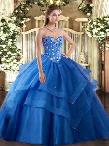 New Arrival Blue Lace Up Sweetheart Embroidery and Ruffled Layers 15 Quinceanera Dress Tulle Sleeveless