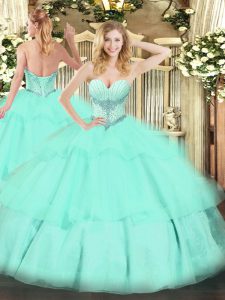 Apple Green Lace Up Quinceanera Dress Beading and Ruffled Layers Sleeveless Floor Length