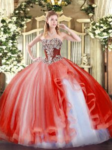 Coral Red Strapless Lace Up Beading and Ruffles 15 Quinceanera Dress Sleeveless