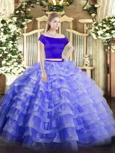 Dazzling Floor Length Zipper Sweet 16 Quinceanera Dress Blue for Military Ball and Sweet 16 and Quinceanera with Appliques and Ruffled Layers