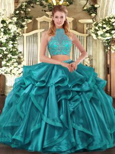 Deluxe Asymmetrical Criss Cross 15th Birthday Dress Turquoise for Military Ball and Sweet 16 and Quinceanera with Beading and Ruffled Layers