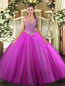 Luxury Fuchsia Sleeveless Beading Floor Length Quinceanera Gowns