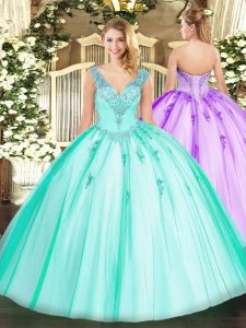 Luxury Beading Sweet 16 Quinceanera Dress Turquoise Lace Up Sleeveless Floor Length