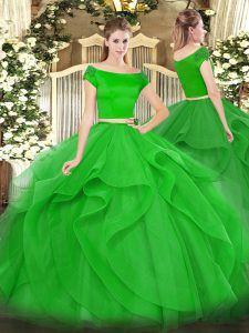 Green Sweet 16 Quinceanera Dress Military Ball and Sweet 16 and Quinceanera with Appliques and Ruffles Off The Shoulder Short Sleeves Zipper