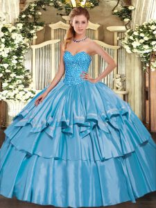 Baby Blue Sleeveless Beading and Ruffled Layers Floor Length Quince Ball Gowns