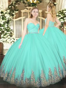 Sleeveless Floor Length Beading and Lace and Appliques Zipper 15th Birthday Dress with Apple Green