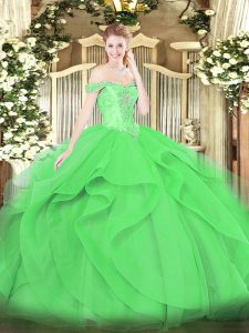 Green Off The Shoulder Neckline Beading and Ruffles 15th Birthday Dress Sleeveless Lace Up