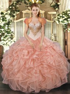 Exquisite Floor Length Peach Quinceanera Gowns Sweetheart Sleeveless Lace Up