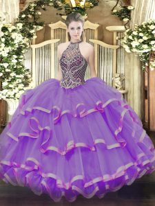 Custom Made Eggplant Purple Sleeveless Beading and Ruffles Lace Up Quinceanera Gowns