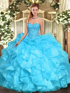 Floor Length Aqua Blue Sweet 16 Dresses Sweetheart Sleeveless Lace Up