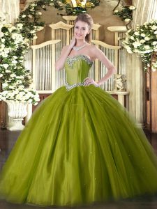 Luxury Floor Length Olive Green Sweet 16 Quinceanera Dress Tulle Sleeveless Beading