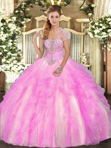 Flare Tulle Strapless Sleeveless Lace Up Appliques and Ruffles Quinceanera Gowns in Lilac