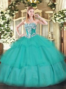 Comfortable Turquoise Tulle Lace Up Strapless Sleeveless Floor Length Quinceanera Dress Beading and Ruffled Layers