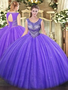 Floor Length Lace Up Quinceanera Dress Lavender for Sweet 16 and Quinceanera with Beading