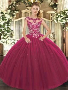 Ball Gowns 15th Birthday Dress Fuchsia Scoop Tulle Cap Sleeves Floor Length Lace Up