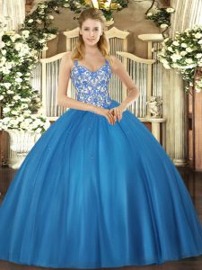 Beading and Appliques Sweet 16 Dresses Blue Lace Up Sleeveless Floor Length