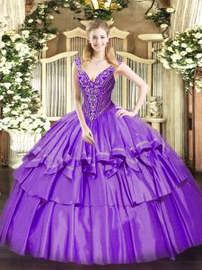 Flare V-neck Sleeveless Organza and Taffeta Sweet 16 Dress Beading and Ruffled Layers Lace Up