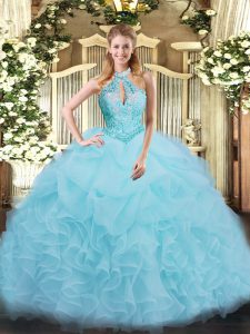 Aqua Blue Organza Lace Up Quinceanera Gowns Sleeveless Floor Length Beading and Ruffles