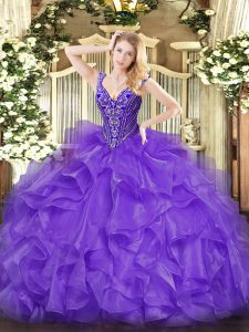 Floor Length Lavender Quinceanera Dress Organza Sleeveless Beading and Ruffles