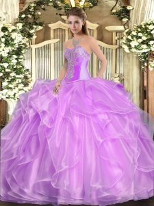 Glorious Lilac Sweetheart Neckline Beading and Ruffles 15th Birthday Dress Sleeveless Lace Up