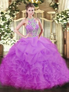 Halter Top Sleeveless Tulle 15 Quinceanera Dress Beading and Ruffles Lace Up