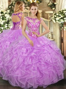 Lilac Organza Lace Up Scoop Cap Sleeves Floor Length Sweet 16 Dress Beading and Appliques and Ruffles