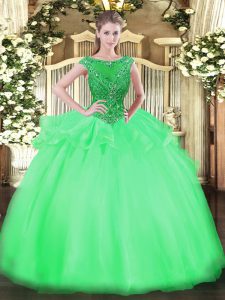 Scoop Cap Sleeves Sweet 16 Dresses Floor Length Beading Green Organza