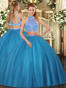 Sleeveless Tulle Floor Length Criss Cross Sweet 16 Dress in Teal with Beading