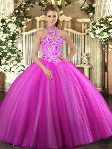 Vintage Floor Length Fuchsia 15th Birthday Dress Tulle Sleeveless Embroidery