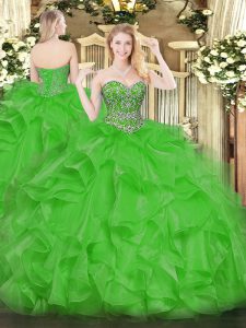 Sleeveless Organza Floor Length Lace Up Quinceanera Dresses in Green with Beading and Ruffles