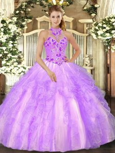 Lilac Organza Lace Up Halter Top Sleeveless Floor Length Vestidos de Quinceanera Embroidery