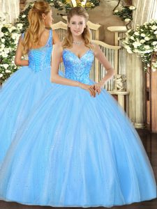 Artistic Aqua Blue Sleeveless Floor Length Beading Lace Up Sweet 16 Dress