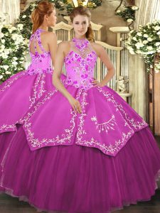 Pretty Fuchsia Satin and Tulle Lace Up Halter Top Sleeveless Floor Length Sweet 16 Quinceanera Dress Beading and Embroidery
